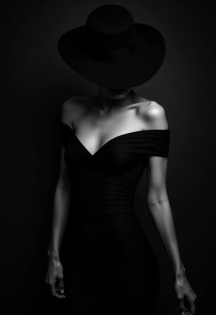 in a dimly lit, a monochrome high-fashion portrait of a woman donning an exquisite black dress with matching wide-brimmed hat against a darkened, blurred background. Her fitted, off-the-shoulder gown wraps around her bodice, cinched at the waist by a matching sash. The hat's shadow obscures her face, infusing mystery into the scene. Dark shot, dramatic shadows, muted highlights, black over black, chiaroscuro, film noir style.