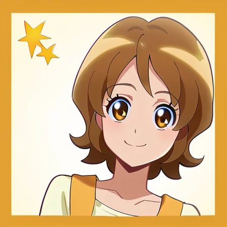 escore_9, score_8_up, score_7_up, score_6_up, masterpiece, perfect quality, perfect lighting,omori yuko,<lora:Yuko_Omori__Cure_Honey:1>,brown eyes, short hair, caramel brown eyes, short caramel hair, white elbow-length top, goldenrod overalls, gold heart-shaped pockets, orange bow on strap, gold flats, orange bow on shoes,smiling face, cool expression, sunglasses, confident smile, stylish look, laid-back vibe, charming appearance, sleek accessory, fashionable detail, exuding charisma