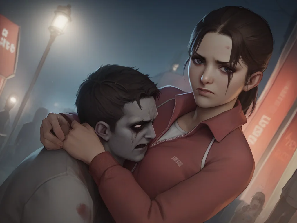 score_9, score_8_up, score_7_up, score_6_up, score_5_up, score_4_up, darkness, night, dark, moonlight, hugging zombie, <lora:l4d_zoey_PONY:0.8> l4d_zoey, outdoors, 1girl, 1boy,  night, dutch angle, looking at viewer, sad, red_jacket:0.5