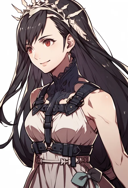score_9, score_8_up, score_7_up, source_anime, 1girl, solo, smile, <lora:zs_FatesPortraitsXL:1> fatesportraits, portraits, white background, <lora:tifa-pdxl-nvwls-v1:1> llTif, red eyes, black hair, low-tied long hair, tiara, white gown, harness, sleeveless dress, long dress