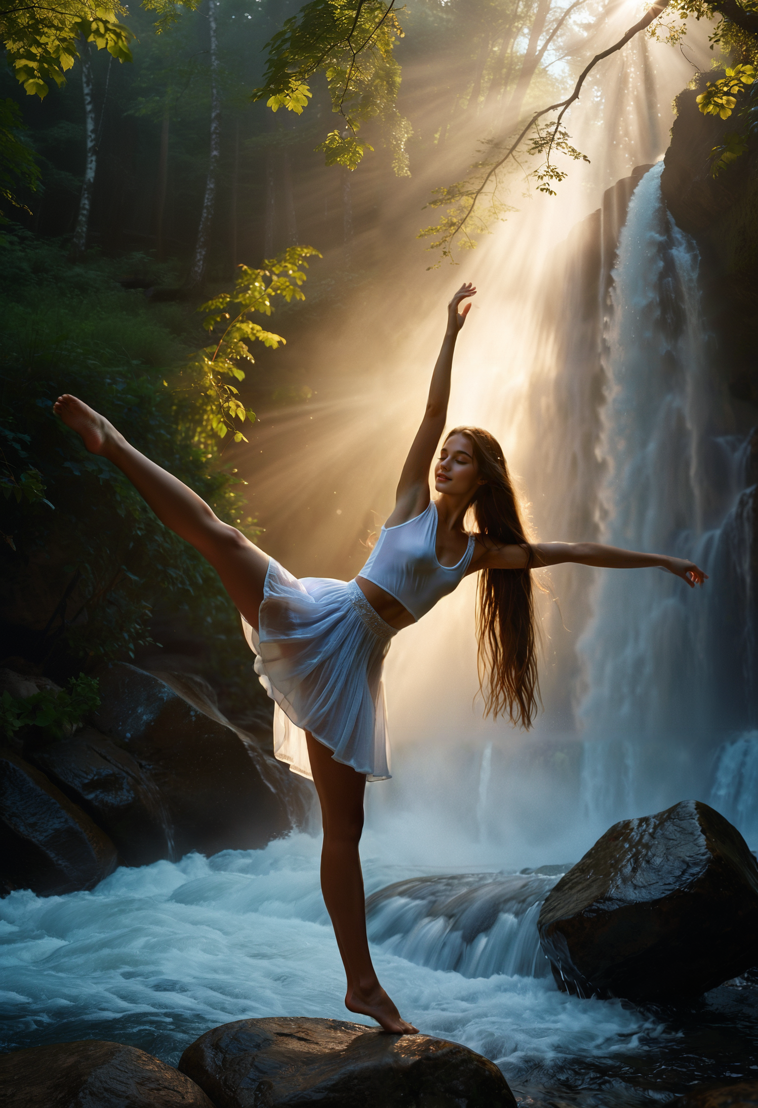 cinematic film still, a woman in a white dress is dancing in front of a waterfall and a waterfall falls in the background, Elizabeth Polunin, cinematic photography, a photorealistic painting, arabesque