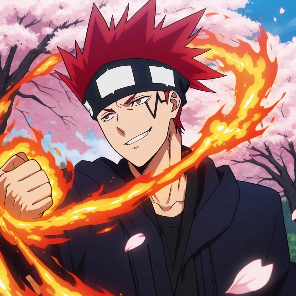 masterpiece, best quality, amazing quality, absurdres, newest, detailed background, definition so sharp, Ultra-HD, 8K cinematic, very awa, impressionate, amazing quality, highres,
solo, male focus, manly,
1boy, d0tb_red hair, d0tb_brown eyes, d0tb, spiked hair, facial tattoo, headband, pyrokinesis, fire magic,
dynamic pose, mid-action, playful smirk, wind blowing hair, cherry blossoms, daytime, cool colors, energetic, agile, hot-blooded, cheeky