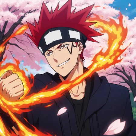 masterpiece, best quality, amazing quality, absurdres, newest, detailed background, definition so sharp, Ultra-HD, 8K cinematic, very awa, impressionate, amazing quality, highres, 
solo, male focus, manly, 
1boy, d0tb_red hair, d0tb_brown eyes, d0tb, spiked hair, facial tattoo, headband, pyrokinesis, fire magic,
dynamic pose, mid-action, playful smirk, wind blowing hair, cherry blossoms, daytime, cool colors, energetic, agile, hot-blooded, cheeky