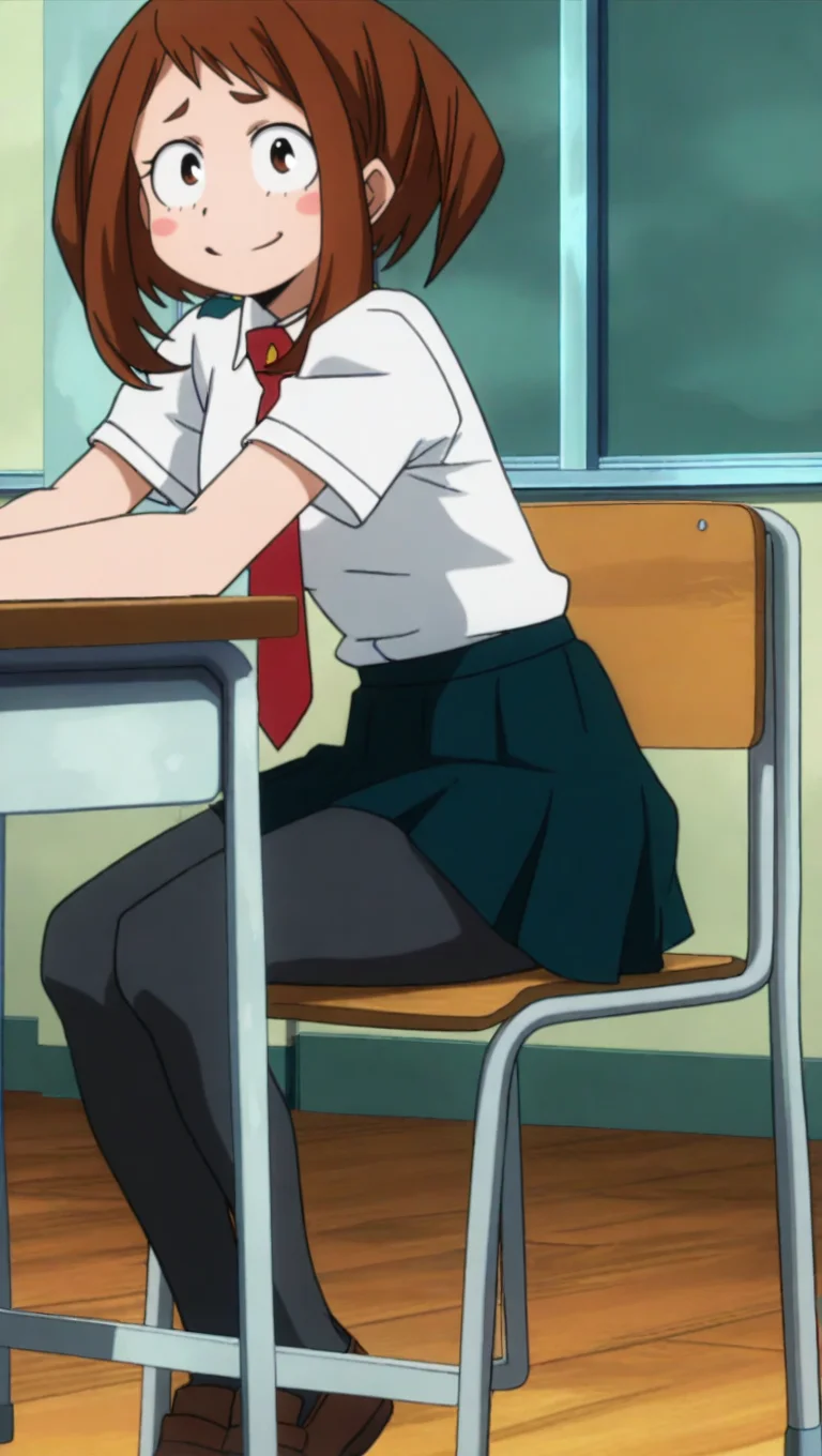 source_anime, masterpiece, best quality, amazing quality, anime screencap, high quality, 8k, absurdres, official style, 1girl, solo, looking at viewer, blush stickers, open mouth smile, sitting in chair, classroom, desk, <lora:Ochako_Uraraka_iL:1>, 0ch4k0 ur4r4k4, brown eyes, brown hair, sidelocks, short hair, white school outfit, white shirt, short sleeves, necktie, red necktie, skirt, pleated skirt, black pantyhose, loafers,