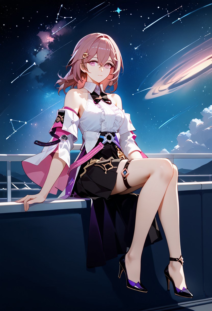 score_9,score_8_up,score_7_up,source_anime,ASTA_(HONKAI_STAR_RAIL),1girl,solo,long hair,breasts,looking at viewer,shirt,skirt,brown hair,hair ornament,bare shoulders,sitting,jacket,purple eyes,white shirt,full body,pink hair,hairclip,medium hair,black skirt,pink eyes,black footwear,high heels,thigh strap,star \(sky\),space,constellation,telescope,