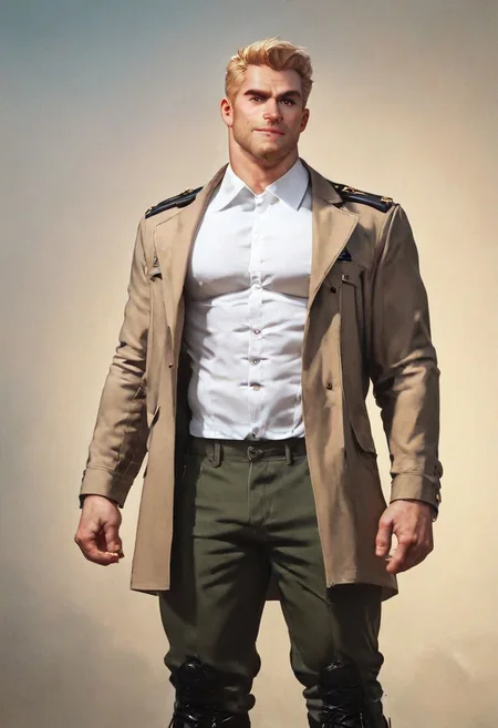 score_9, score_8_up, score_7_up, solo male, Reiner Braun, blond hair, short hair, flat hair (facial hair, stubble:1.1), hazel eyes, tall, white collared shirt, light-brown trench coat, (open coat:1.1), military green pants, black combat boots, handsome, charming, alluring, standing, upper body, perfect anatomy, perfect proportions, best quality, masterpiece, high_resolution, dutch angle, cowboy shot, photo background
