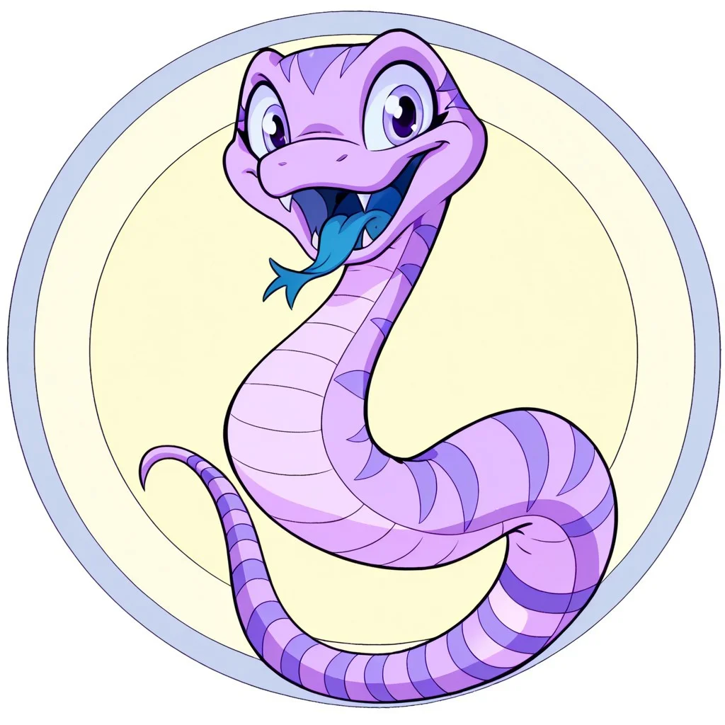 Neopets, circle background, solo, cartoony
cute sea snake in the style of neopets, white and purple stripes, cyan eyes, blue tongue