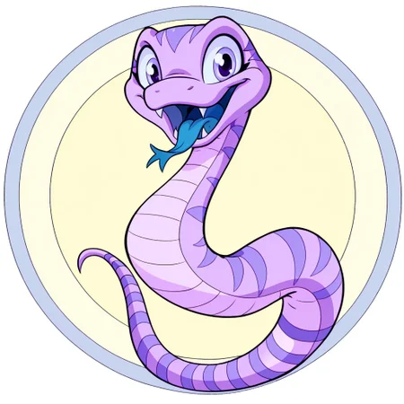 Neopets, circle background, solo, cartoony
cute sea snake in the style of neopets, white and purple stripes, cyan eyes, blue tongue