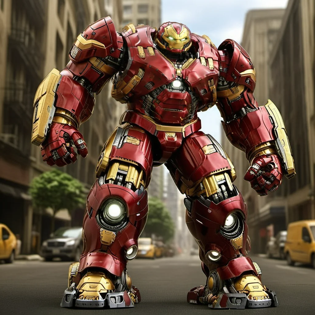 Hulkbuster1024, a robot, full body, in a street , highly detailed, photography, ultra sharp, film, professional, 64k <lora:add-detail-xl:1.5> <lora:Hulkbuster1024:0.8>