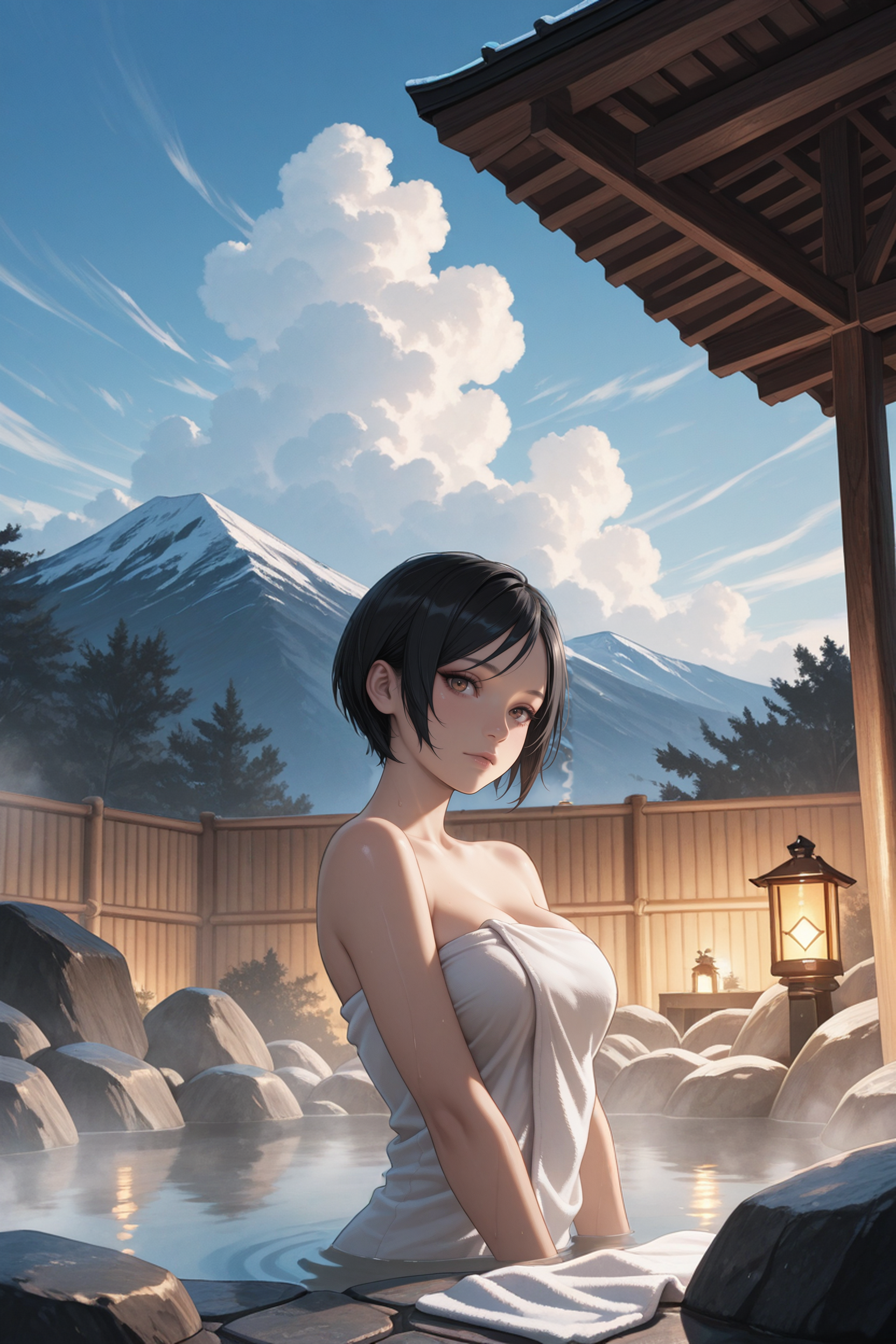 masterpiece, best quality, absurdres, highres, extremely high detail,
<lora:ILRE2Ada:1.0>
RE2Ada, 1girl, black hair, short hair, brown eyes, looking at viewer, onsen, towel, outdoors, blue sky, cloud, rock, lantern, steam