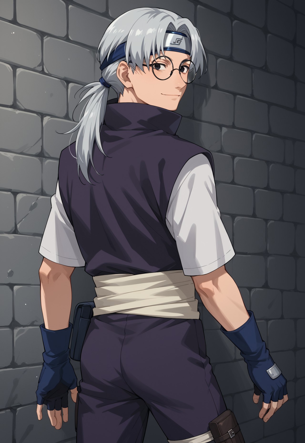 safe_pos, score_9, score_8_up, score_7_up, score_6_up, score_5_up, score_4_up, source_anime, male focus, 1boy, solo, glasses, grey hair, black eyes, curtained hair, low ponytail, long hair, round eyewear, forehead protector, headband, purple shirt with white sleeves, purple pants, blue shoes, sandals, gloves, fingerless gloves, butt pack, leg pouch, waist sash, smile, looking at viewer, upper body, dungeon setting