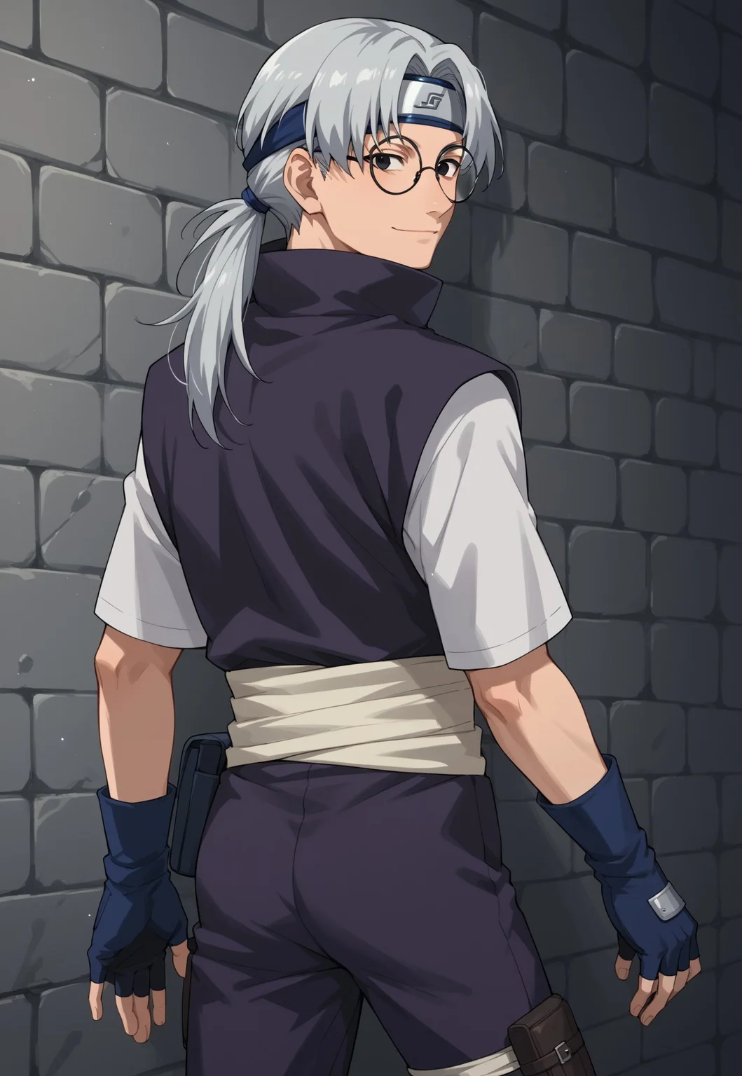 safe_pos, score_9, score_8_up, score_7_up, score_6_up, score_5_up, score_4_up, source_anime, male focus, 1boy, solo, glasses, grey hair, black eyes, curtained hair, low ponytail, long hair, round eyewear, forehead protector, headband, purple shirt with white sleeves, purple pants, blue shoes, sandals, gloves, fingerless gloves, butt pack, leg pouch, waist sash, smile, looking at viewer, upper body, dungeon setting