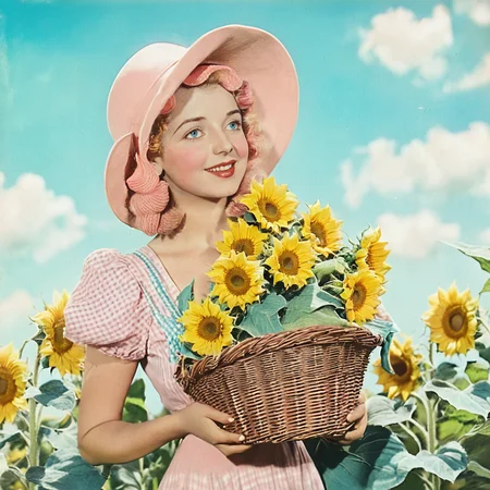 <lora:30s_Technicolor_MovieSDXL:1> ArsMovieStill, movie still from a 1930s technicolor movie, The image shows a woman wearing a pink dress and a pink hat holding a basket full of sunflowers. The background of the image is filled with lush green plants and a bright blue sky., 1girl, flower, solo, sunflower, hat, sky, day, outdoors, holding, cloud