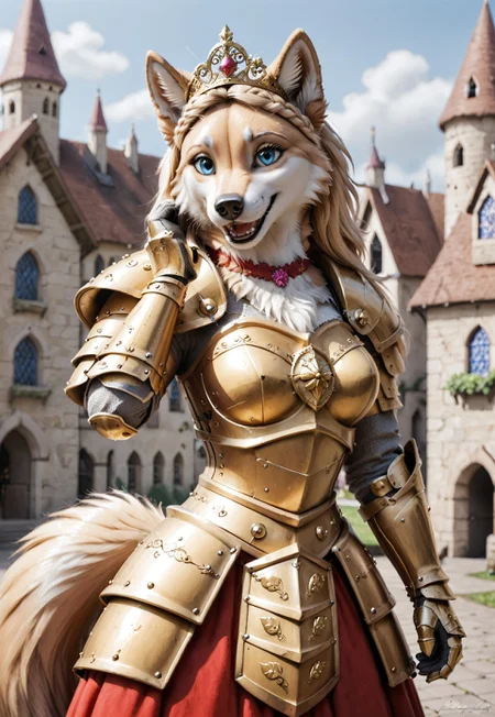 anthro, female wolf, voluptuous figure, tufted fur, tufted ears, cheast tuft, fluffy canine tail, detailed fur, detailed body, detailed face, long blond hair, crown braid hairstyle, canine teeth, golden fur, blue eyes, medieval castle, whiskers, open smile, medieval city, golden knight armor, medium breasts, golden armored skirt, golden armored gloves, golden armored lewear, golden armored boots, golden tiara, standing beside feral horse, petting feral horse, golden choker,