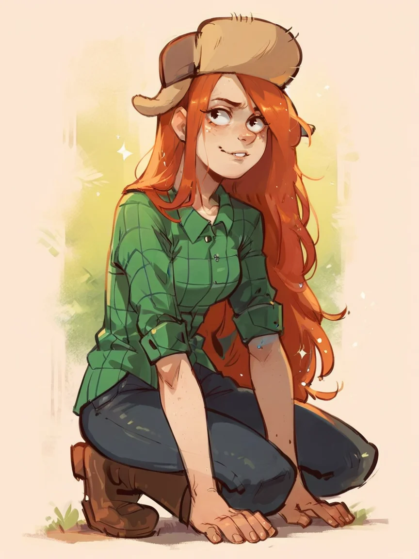 score_9, score_8_up, score_7_up, score_6_up, score_5_up, <lora:WendyCXLP:1> wendyc, 1girl, solo, long hair, orange hair, hat, shirt, pants, freckles, boots, kneeling, curvy,