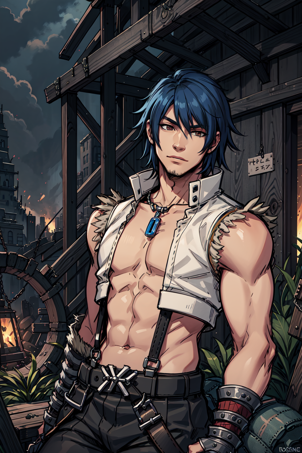 1boy,  whitesmith (ragnarok online), , open clothes:1, fur trimmed shirt, axe, belt,   <lora:age_slider_v2:1>, sleeveless,  suspenders, , ragnarok online:1, fantasy:1,  <lora:whitesmith-ro:0.7>, whitesmith-ro,