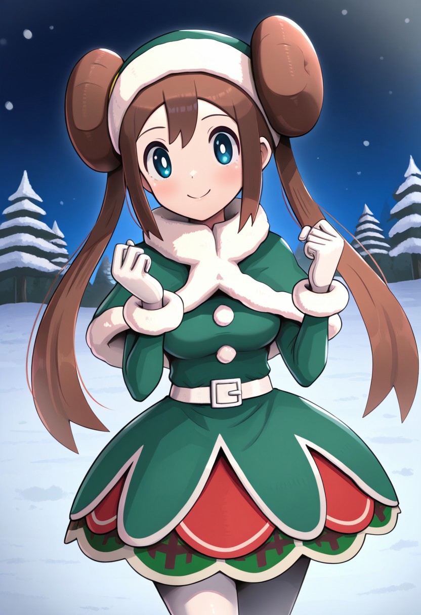 [hinosaki, pokemoa, gonzarez], 2d, masterpiece, best quality, amazing quality, 1girl, solo, close-up, standing, smile, cowboy shot, looking at viewer, meadow, night, snow, rosanta, ex colors, rosa \(pokemon\), blue eyes, white pupils, brown hair, long hair, bangs, twintails, double bun, sleeveless dress, green dress, santa costume, green santa hat, fur trim, fur-trimmed capelet, green capelet, white belt, white gloves, white elbow gloves, white pantyhose, clenched hands