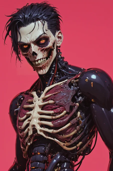 Score_9, score_8_up, score_7_up, score_6
(source_anime, cyberpunk, vibrant, colorful, retro_artstyle:1, 1990s_(style):1)
((upper body of a man, monstrous, pale skin, body horror, black hair, machinery, neon colors, bodysuit, ((high contrast, silhouette)), black latex, rotten, prosthetic, cyborg, red background, evil grin, (closed mouth), facial anatomy, eyeliner, acidpunk, zombiecore, melting flesh, skeletal, exposed muscle:3, damaged, injured, bloody mouth))
<lora:Dark_Retro_Scifi_Aesthetic (1):1>