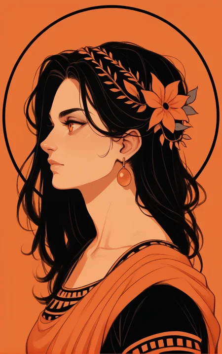 profile portrait,
<lora:GreekPot-000008:1> greek pottery,
orange background, monochrome, vibrant color, orange eyes,
1girl, dark hair,, score_9, score_8_up, score_7_up, score_6_up, score_5_up, score_4_up, BREAK