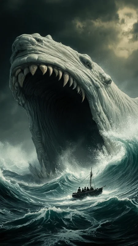 artwork depicting a colossal, monstrous creature emerging from churning, dark, stormy waters. The creature, likely a whale or a sea monster, dominates the scene with its massive, gaping mouth wide open, revealing rows of sharp, jagged teeth. Its skin is rough and textured, appearing almost leathery, with a pale, bluish-gray hue. The creature's head is elongated and pointed, and its eyes are not visible, adding to the ominous and terrifying nature of the image.In the foreground, a small, dark-colored boat with a single mast and a crew of three people is struggling to stay afloat amidst the turbulent waves. The boat is small and frail compared to the immense size of the creature, emphasizing the danger and helplessness of the human figures. The sky above is dark and overcast, with heavy clouds and patches of light breaking through, casting a dramatic, eerie glow on the scene. The ocean is depicted as rough and chaotic, with white, foamy waves crashing against the boat and the monster's body, creating a sense of imminent danger and chaos. The overall mood of the image is intense and foreboding, evoking a sense of fear and wonder.,aidmaimageupgrader, aidmaMJ6.1 <lora:aidmaImageUprader-FLUX-v0.3:0.4> <lora:aidmaMJ6.1-FLUX-v0.5:0.7>