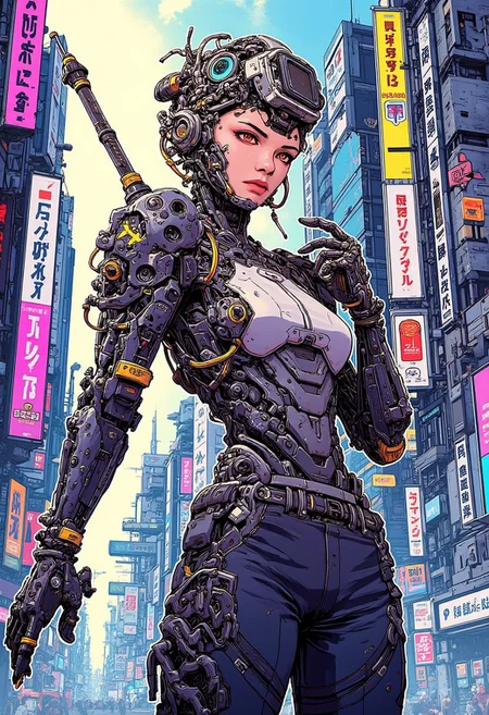 anime poster image featuring a cyborg female warrior, posing for the camera with a cyberpunk city backdrop, in the style of cybermono_style. The image is vibrant and intense with no text in it