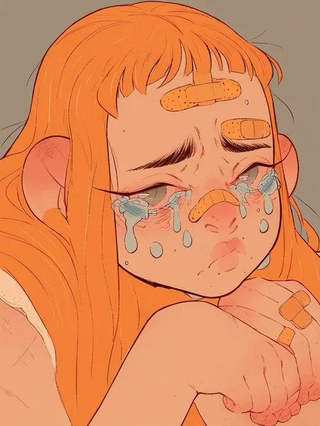 score_9, score_8_up, score_7_up, score_6_up, score_5_up, <lora:BSXLP:1> bs, 1girl, orange hair, long hair, grey eyes, sad, tears, bandaid,