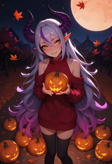 score_9, score_8_up, score_7_up, score_6_up,
1girl, 25 years old, perfect face, looking at viewer, cute, petite,
yellow eyes,
demon girl, demon horns, huge horns, striped horns, black horns, purple horns, pointy ears,
multicolored hair, streaked hair, grey hair, purple hair, long hair, very long hair, hair between eyes,
red sweater, oversized_clothes, bare shoulders, bottomless, black thighhighs,
autumn, autumn leaves, pumpkins,
standing, holding pumpkin,
blush, light smile,
night, glowing pumpkins, full moon, neighborhood,