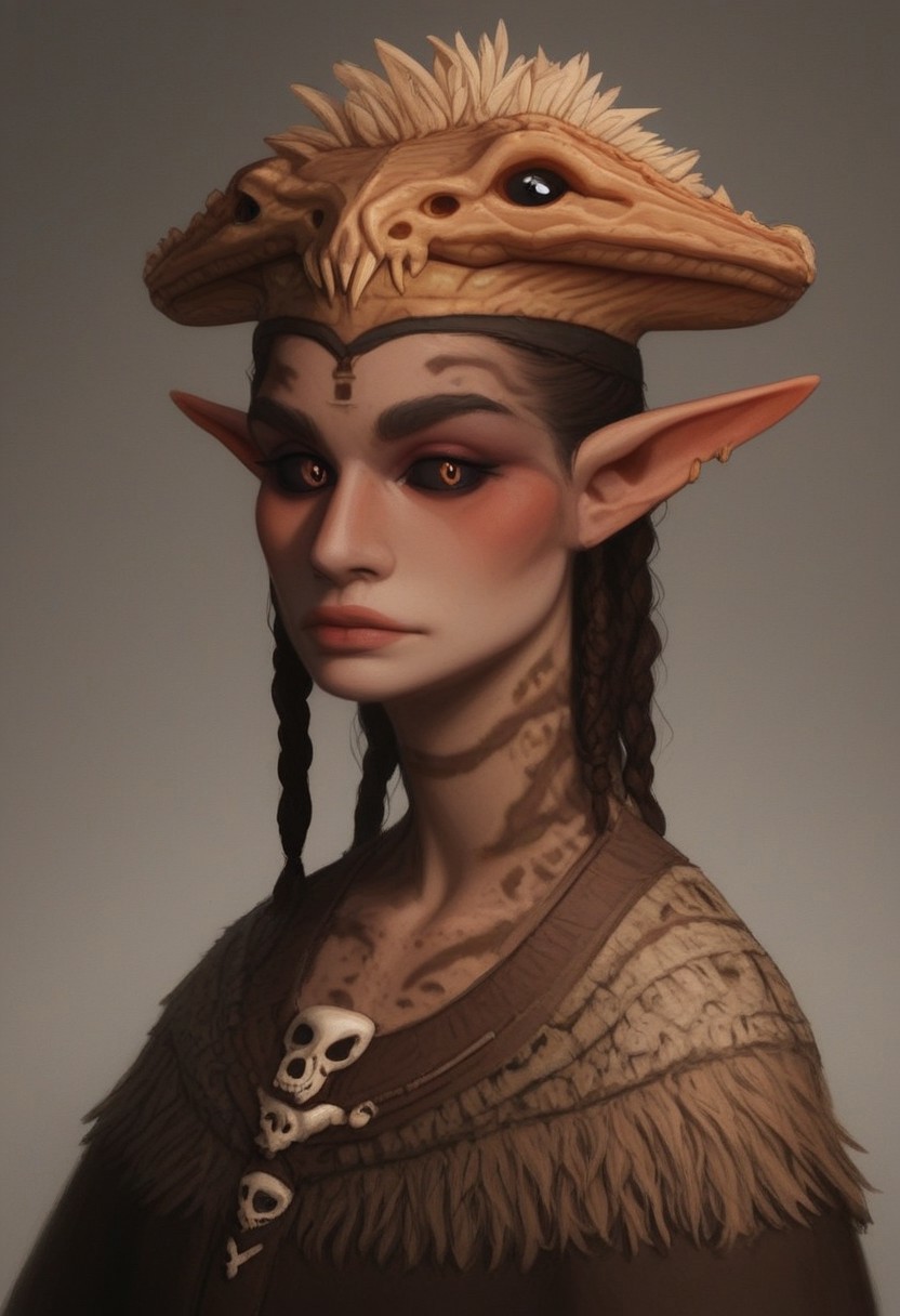 solo, bosmer, feminine, strong yet graceful, regal yet wild, bone-carved crown, elongated pointed ears, asymmetrical ear shape, snake pupils, dark bronze sclera, medieval setting, tribal leader, layered ceremonial robes, embroidered animal hides, intricate bone jewelry, deep tribal markings, eyes filled with wisdom, long wild braids wrapped in sinew, standing at a wooden throne, high wooden walls adorned with glowing runes, flickering firelight illuminating her face, tribal banners swaying in the wind, hyperrealistic details, cinematic storytelling