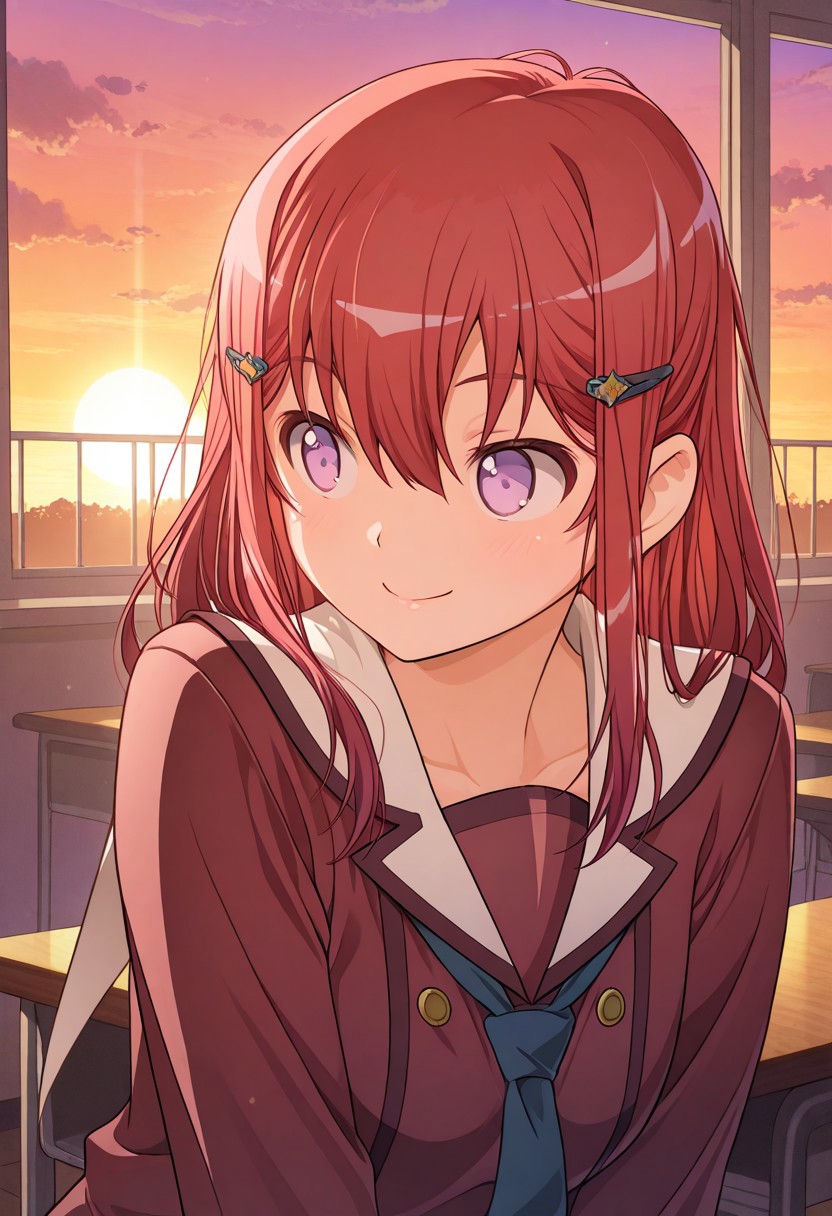 , solo , Inobatlestyle, masterpiece, best quality, absurdres, very aesthetic, solo, classroom , from up, sunset, sunsets light, Kanzaki_Tomoyo, 1girl, red hair, red scholar uniform, Looking curious , smile, half body