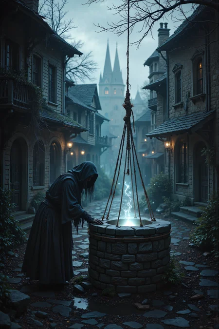 A hyper-realistic portrait, photorealistic photo close-up image of In the middle of an abandoned village, shrouded in thick fog, a stone well stands at the center of the square, its rope frayed and ancient, hanging limp in the damp air. A single figure in a long, tattered cloak crouches at the edge of the well, peering down into the inky blackness below, their breath visible in the cold, still air. The surrounding buildings, once vibrant and alive, are now crumbling and overgrown with vines, their windows dark and hollow like the eyes of forgotten ghosts. The wind whispers softly through the empty streets, carrying with it the faint sound of distant voices that seem to come from nowhere and everywhere at once. The figureâs hand hovers over the wellâs edge, fingers trembling as if afraid to touch the stone, while faint, glowing runes flicker along the wellâs ancient surface, pulsing with a strange, otherworldly light. Above, the sky is a dull, leaden gray, and the faint outline of the sun struggles to break through the thick fog, casting the village in a perpetual twilight. The well seems to radiate a cold, magnetic pull, as though it hides something far deeper than water, something forgotten by time yet aching to be found. The figureâs hesitation is palpable, as though they sense the weight of the mystery that lies just beyond the darkness below. (photography, high-resolution, dynamic, energetic,hyper-realistic, dramatic lighting, shallow depth of field.), detailmaximizer, MythP0rt<lora:midjourney_whisper_flux_lora_v01:0.55><lora:aidmaMJ6.1-FLUX-V0.1:0.4><lora:FluxMythP0rtr4itStyle:0.4><lora:detailed_flux_ntc:2.2><lora:aidmaImageUpgrader-FLUX-V0.1:0.65>