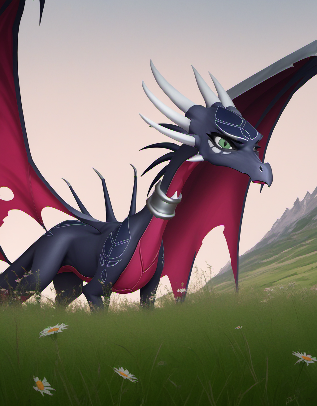 <lora:Cynder_corrupted:1>
cynder, dragon, corrupted, green eyes, detailed eyes, solo, 2 perforated wings, ((full figure)), in a meadow, ((open mouth)), hungry,
ultrarealistic, hyper detailed, masterpiece,