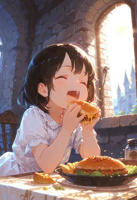 masterpiece, best quality, amazing quality, flat colors, high detailed, high quality, high resolution, 4k , female ,8k , portrait , in castle, princesse, child, white dress, sitting, eat a meet, very hungry, open mouth, funny scene, holding meet, looking meet, food on table, eyes closed, happy, day, sun, medieval window, solo, cute
