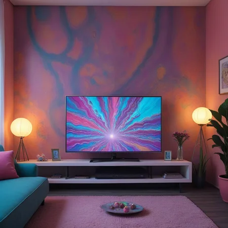 television set, living room, colorful room  <lora:Psych-Futurism:1>,pfstyle