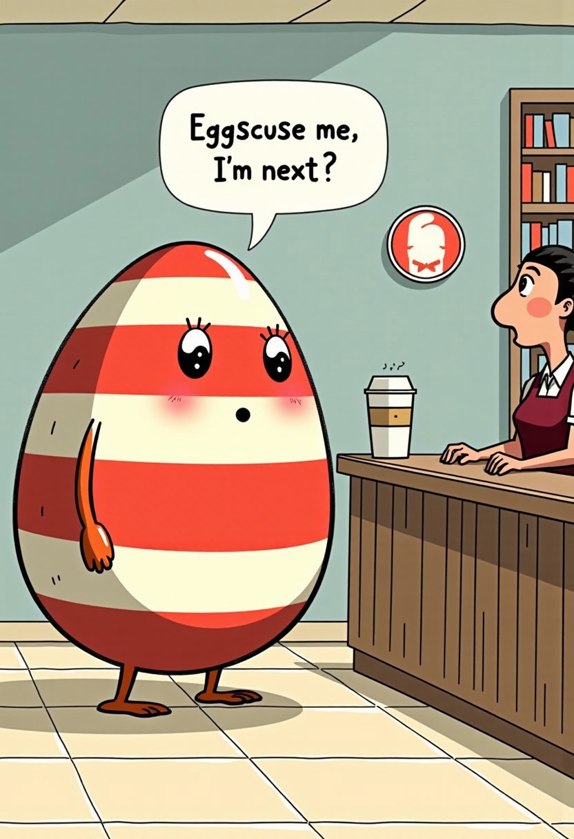 aidmatextimprover, aidmatextimprover, A giant red and white striped Easter egg is standing in line at the coffee shop, waiting for its latte. The barista looks confused. text: “Eggscuse me, I’m next.”