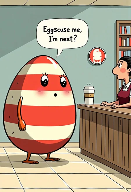 aidmatextimprover, aidmatextimprover, A giant red and white striped Easter egg is standing in line at the coffee shop, waiting for its latte. The barista looks confused. text: “Eggscuse me, I’m next.”