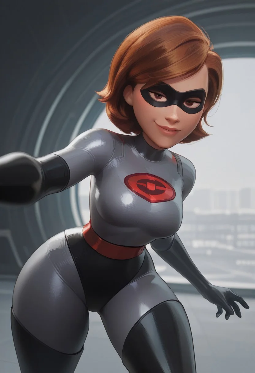 [#👩;🦸‍♀️]side_light,4k,(masterpiece:1.4),(best quality:1.4),(high resolution:1.4),Ultra HD, HDR,(hyperdetailed),smooth lighting,source_anime,very aesthetic,intricate details,intense,highres,vibrant colors,detailed_shadows,detailed_reflections,high-quality textures,depth of field,good shading,studio quality,epic lighting,digital illustration,path_tracing,rtx_on_styled_lighting_and_reflections,<lora:add-detail-xl:1>,looking at viewer,unblurred,perfect composition,intricate details,incredibly absurdres,dynamic angle 
[ONLY1girl,milf,late thirties,helenp,helen parr,elastigirl,"Mrs. Incredible",\(Disney©\),<lora:HelenParr_NAI:1>,Incredibles 2 (movie),"slim figure,curvy","auburn hair,medium bob cut,wavy hair,short hair",fair skin,rosy cheeks,"juicy lips,parted lips,pink lips,👄",detailed breasts,narrow waist,emotions,soul,lifeful,alive,smirk,"detailed mask,black domino mask",medium round breasts,alternate color,DevTech suit,bodysuit,"glossy silver leotard,gray bodysuit,latex bodysuit","perfectly detailed red,black "G" insignia on the chest",ELASTIGIRL LOGO","dark red belt,glitter",wide hips,"DARK GREY stockings","long gloves,black elbow gloves,perfect hands,perfect detailed fingers","gray highleg shorts,grey bottoms","thigh-high boots,black thigh boots","half-closed eyes,detailed eyes,seductive eyes,perfect eyes,brown eyes",action pose,fighting stance,leaning forward,dynamic pose,reaching towards viewer,cowboy shot,multicolored background,dutch angle,MarvelRivals,screenshot]