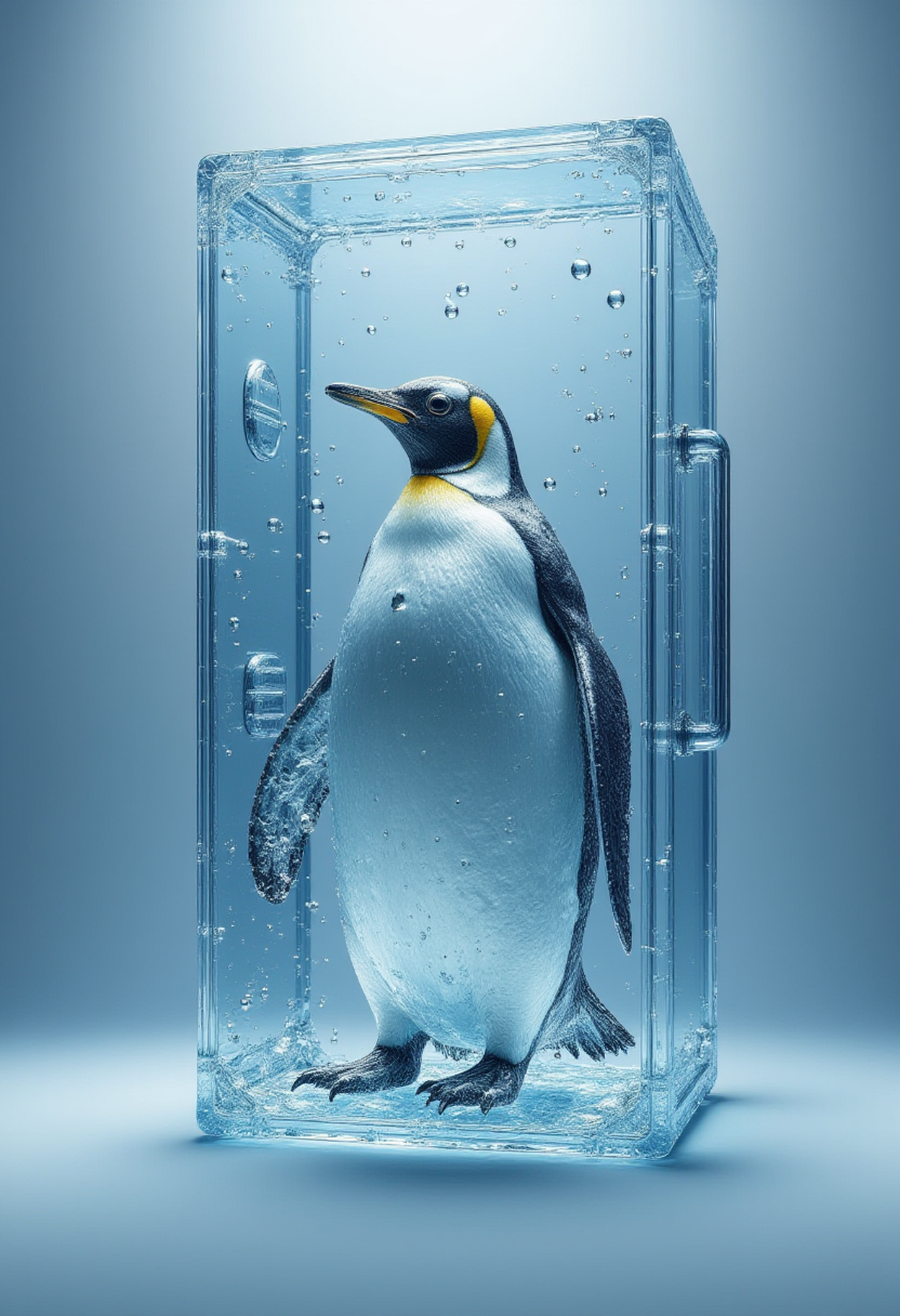 a transparent refrigerator made out of ck-wtr, inside there is an Emperor Penguin
