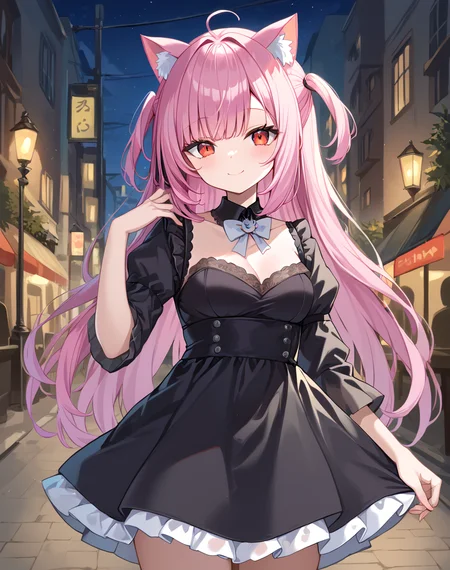 mikeneko, mikeneko_neko_short, pink hair, long hair, red eyes, virtual youtuber cat ears, long sleeves, mikeshort clothes, detached collar, black dress, short sleeves, BREAK outdoors,city street, night BREAK sexy pose, looking at viewer, sexy face, sexy smile, cowboy shot, dynamic pose, BREAK score_9, score_8_up, score_7_up, source_anime ,zPDXL, perfect hand,<lora:Mikeneko:0.8>