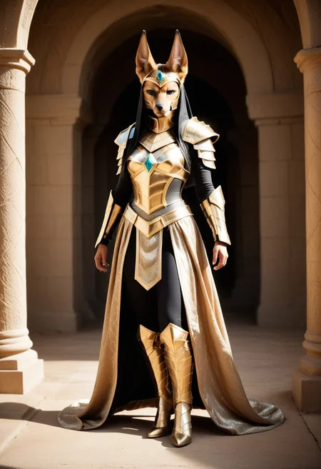 ((no pants)), animal head, bare legs,
The armored Queen of jackals, female jackal, 18 years old, fur armor with diamond filigree, zoomed out:.10, raw, masterpiece, extremely detailed photo, extreme ultra best picture, extreme ultra intricate creative detail, extreme hyper realistic detail, extreme ultra hyper photo realism, extreme ultra-hyper immersive visuals, extreme 3D realistic, ultra 4080p, HD, VFX, SFX, FKAA, TXAA, RTX, SSAO, full portrait,