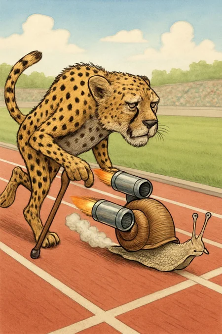 A old cheetah with a walking cane racing a snail with jet engines on it's shell and the cheetah is still wining and the race is taking place at a sports track