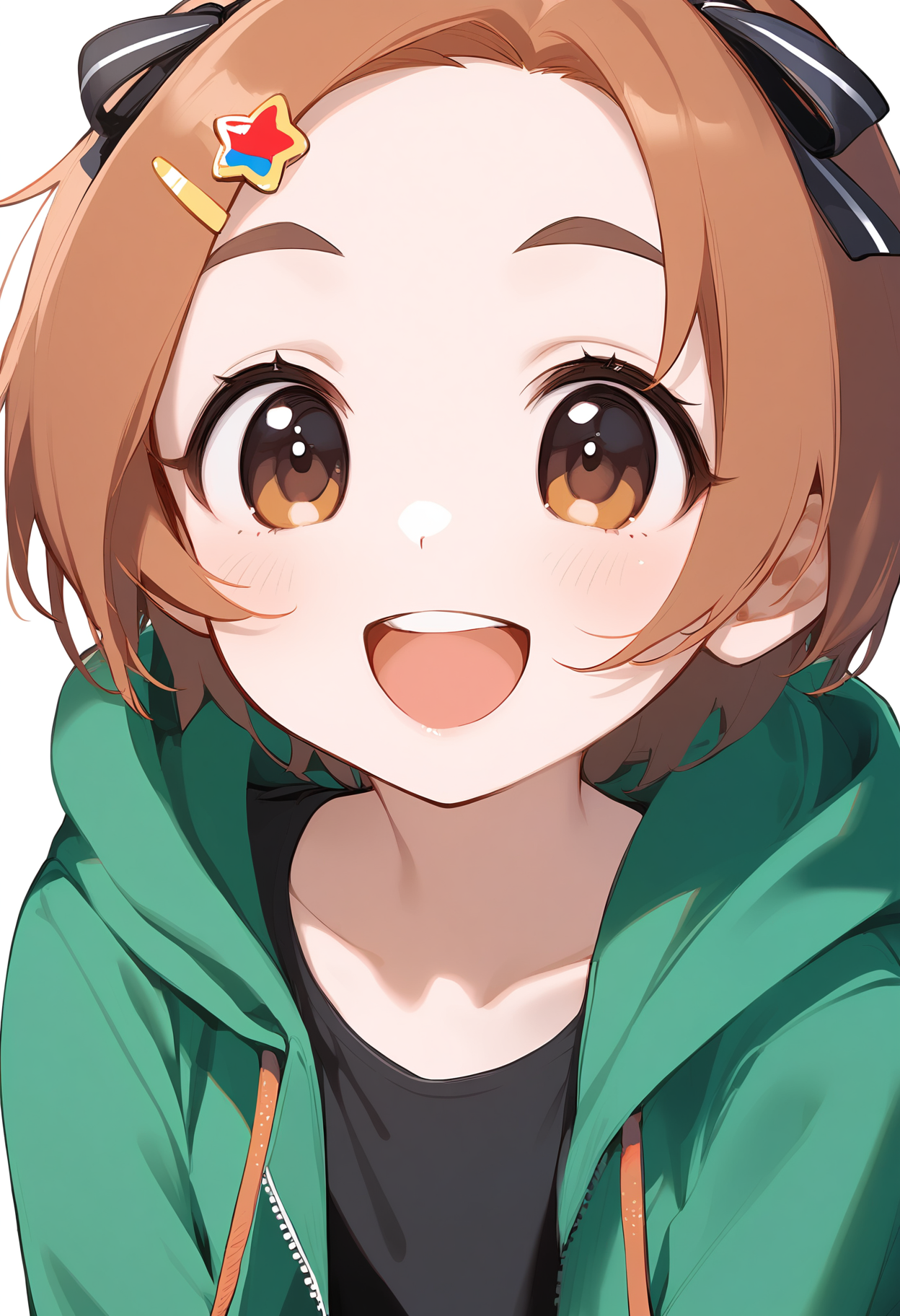 1girl,
ryuzaki kaoru,


hairclip, blush, thick eyebrows, black ribbon, long sleeves, eyebrows hidden by hair, open jacket, hood down, hair ribbon, smile, open clothes, hood, brown eyes, hooded jacket, jacket, brown hair, upper body, looking at viewer, ribbon, black shirt, collarbone, green jacket, star hair ornament, hair ornament, simple background, :d, shirt, open mouth, star \(symbol\), white background, sleeves past wrists, solo,

sfw
<lora:a31_char_new_ryuzaki_kaoru-000026:1> <lora:a31_style_koni-000010:0.8>