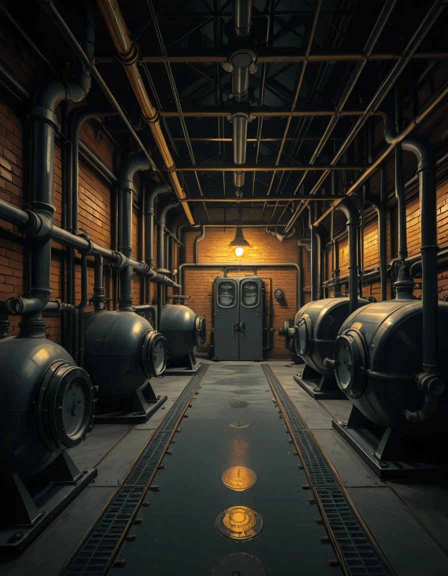 A highly detailed and realistic photograph of an industrial boiler room filled with large metal boilers, complex pipe systems, and pressure gauges. The room is dimly lit with a mix of warm yellow lighting from overhead industrial lamps and cool blue reflections from metallic surfaces. The air is slightly hazy with steam escaping from some of the pipes. The floor is made of reinforced concrete with visible stains from oil and water. Various control panels with blinking LED indicators and warning signs are mounted on the walls. The atmosphere is rugged and mechanical, evoking a sense of power and industrial efficiency. The depth of field is sharp, capturing intricate details such as rust on old pipes, the texture of the metal surfaces, and the labels on the control panels. The composition emphasizes symmetry, with pipes and machinery creating a structured, almost futuristic aesthetic.
<lora:SDXLFaeTastic2400:0.4> <lora:extremely_detailed:0.4> extremely detailed, <lora:industrial_boiler_room-i:1>,industrial b01l3r r00m, Masterpiece,best quality,hi res,8k,hi res,8k,award winning,(sharp focus, intricate, highly detailed),