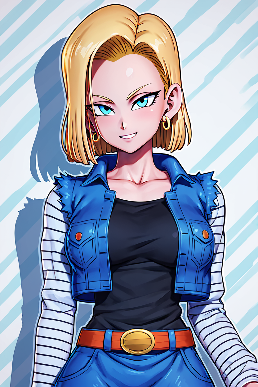 score_9, score_8_up, score_8, medium breasts, (curvy), cute, eyelashes,      ,,,  <lora:Android18PDXL:1.0>, zzAndroid18, blue eyes, blonde hair, short hair, jacket, denim, denim jacket, jewelry, earrings, long sleeves, shirt, skirt, belt, stripes, BREAK, smile, looking at viewer, cowboy shot, ,,, embedding:zPDXL, Expressiveh, ,,, <lora:Zy0n7_PDXL:0.8>, <lora:SDXLFaeTastic2400:0.5>, <lora:Expressive_H-000001:0.4>,