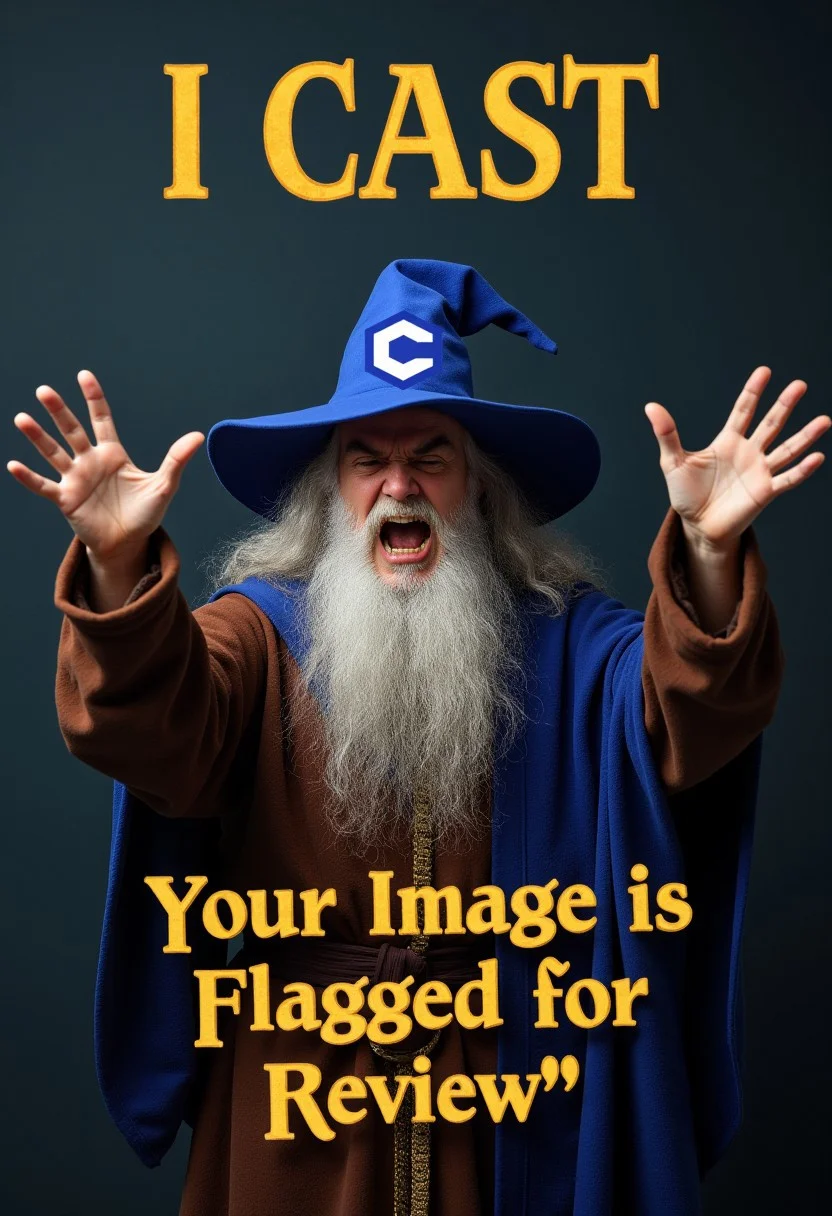 A photorealistic wizard in traditional robes, with a long flowing beard and pointy hat featuring the Civitai logo, is casting a spell with intense focus. His face is contorted in anger and frustration, looking at viewer. At the top of the image, in bold magical text, it says 'I CAST'. At the lower-middle of the image, magical, runic text, it reads ""Your Image is Flagged for Review"". civitaiLogo