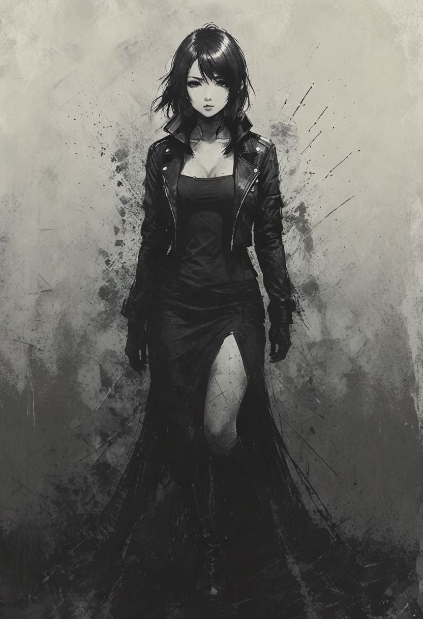Full body woman, Anime-esque, stylized, two tone art, scratchy, scribbled art style, edgy art style, dark