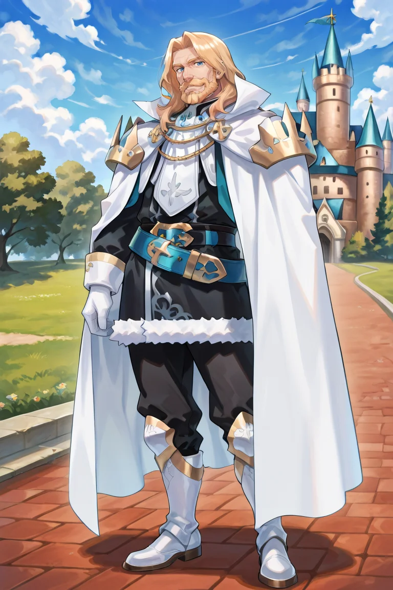 <lora:OrdeneIL:0.8> , ordedef, 1boy, blue eyes, blonde hair, long hair, facial hair, mustache, beard, white cape, collared cape, armor, pauldrons, white gloves, fur-trimmed skirt, black skirt, black pants, belt, white boots, white greaves, full body, exterior, castle, blue sky, clouds, smile, adult male, mature male, old man, looking at viewer, solo, masterpiece, very aesthetic, absurdres, best quality, amazing quality, high resolution, newest, very awa, <lora:illustrious_quality_modifiers_masterpieces_v1:0.8> , <lora:ChamIllustriousBackgroundEnhancer:0.5>,  solo,