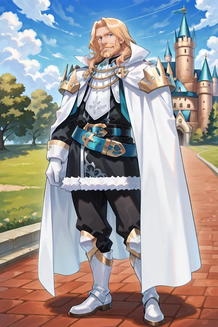 <lora:OrdeneIL:0.8> , ordedef, 1boy, blue eyes, blonde hair, long hair, facial hair, mustache, beard, white cape, collared cape, armor, pauldrons, white gloves, fur-trimmed skirt, black skirt, black pants, belt, white boots, white greaves, full body, exterior, castle, blue sky, clouds, smile, adult male, mature male, old man, looking at viewer, solo, masterpiece, very aesthetic, absurdres, best quality, amazing quality, high resolution, newest, very awa, <lora:illustrious_quality_modifiers_masterpieces_v1:0.8> , <lora:ChamIllustriousBackgroundEnhancer:0.5>, solo,