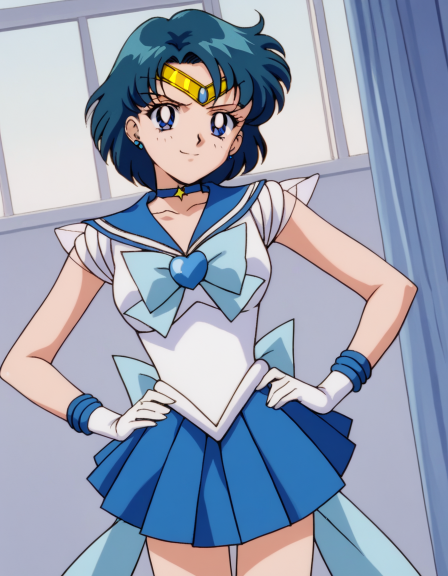 score_9, score_8_up, score_7_up, source_anime, <lora:ami-mizuno-supers-movie-ponyxl-lora-nochekaiser:1>, ami mizuno, blue eyes, blue hair, short hair, parted bangs,, back bow, blue bow, blue choker, blue sailor collar, blue skirt, bow, choker, earrings, gloves, jewelry, magical girl, miniskirt, pleated skirt, sailor collar, sailor senshi uniform, skirt, stud earrings, tiara, sleeveless,, indoors, smug, smile, looking at viewer, solo, hands on hips,, cowboy shot, dutch angle