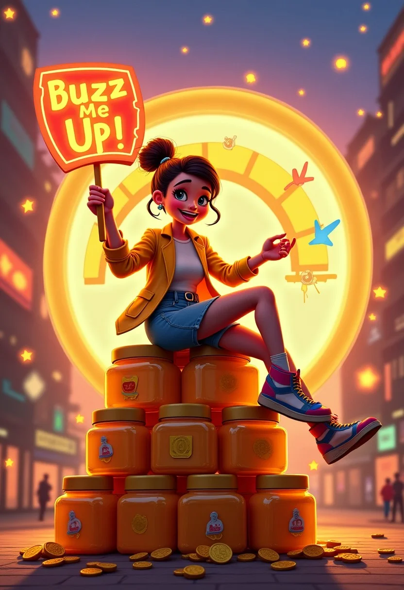 Create a lively, playful scene with a stylish, animated young woman sitting on a towering stack of golden honey jars. She's holding a glowing neon sign that flashes 'Buzz Me Up!' with a mischievous smile and a wink. Dressed in vibrant, trendy clothing with a pop-art vibe, she kicks her legs playfully, surrounded by floating coins and glowing stars. A whimsical 'Buzz-O-Meter' behind her glows, half-filled, with colorful sparks flying from it, as if begging for more energy. The scene is set in a fun, animated cityscape bathed in sunset hues, with soft neon lights illuminating the scene. The overall atmosphere should be humorous, energetic, and full of color, with the woman's charming expression drawing viewers in to keep the buzz going.