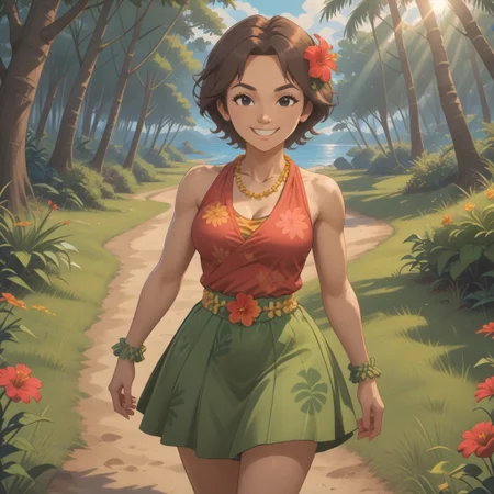 score_9, score_8, BREAK, solo, 1girl, female mii, brown hair, hibiscus hair ornament, black eyes, black eyebrows, brown sleeveless shirt, flower necklace, leaf wristbands, flower belt, green skirt, calf rings, barefoot, breasts, Hula_Dance_Teacher_(Wii_Fit_U), cute, self portrait, smile, looking at viewer, outdoors, sunlight, shadows, evening lighting, natural lighting, forest, trees, grass, orange sky, sunset